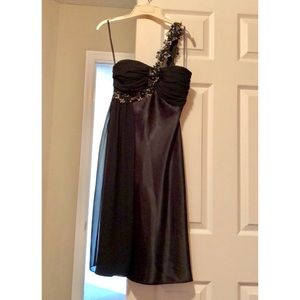 Black and gold one shoulder satin dress